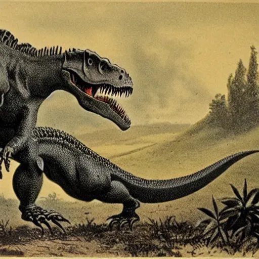 Image similar to antique lithograph from 1 9 0 0 of mr t as. tyrannosaurus rex hunting in a field