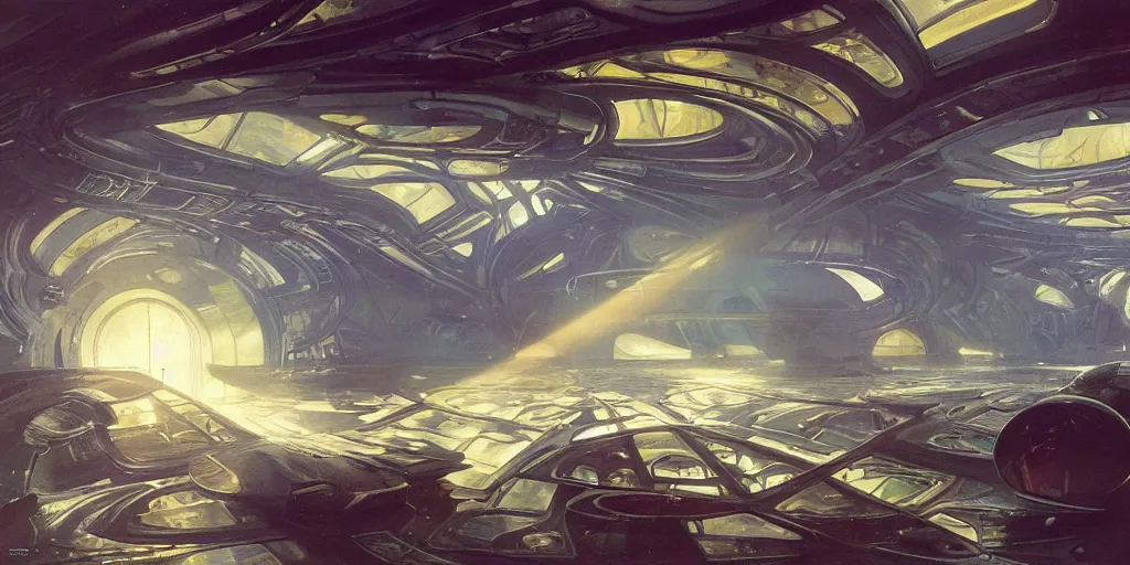 Image similar to wide shot, interior of an alien spaceship, futuristic, hyperrealism, crepuscular rays, ray tracing, by alphosne mucha adolf hiremy hirschl