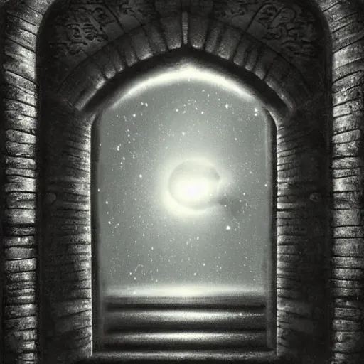 Image similar to dark etherial gate portal to a different dark world, midnight, quiet and serene, high detail, mystery, dramatic