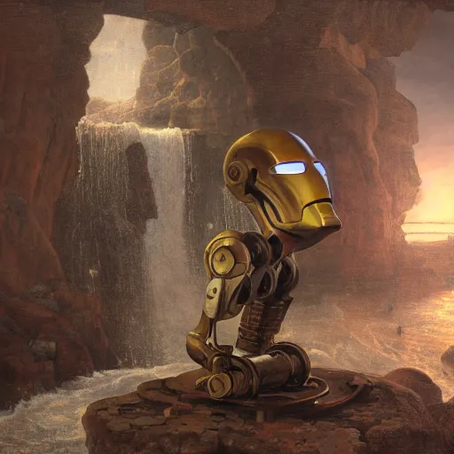 Prompt: A still life of a rusty robot, Pieter Claesz, William James Glackens, ((chains)), ((gears)), helmet, Iron man, (Unreal Engine), Octane render, mountain background, ((rocks)), (waterfall)