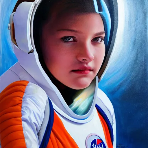 Image similar to girl in futuristic astronaut suit, portrait, hyperrealism oil painting