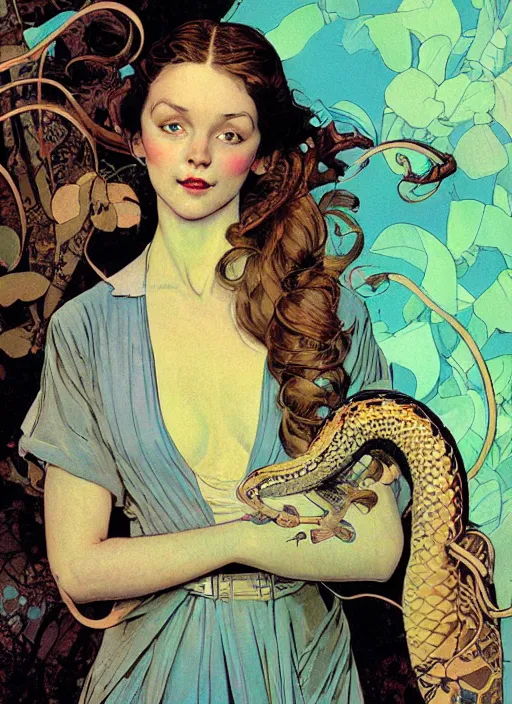 Image similar to an art nouveau copic maker illustration of a russian girl holding a snake by kilian eng, john berkey and norman rockwell