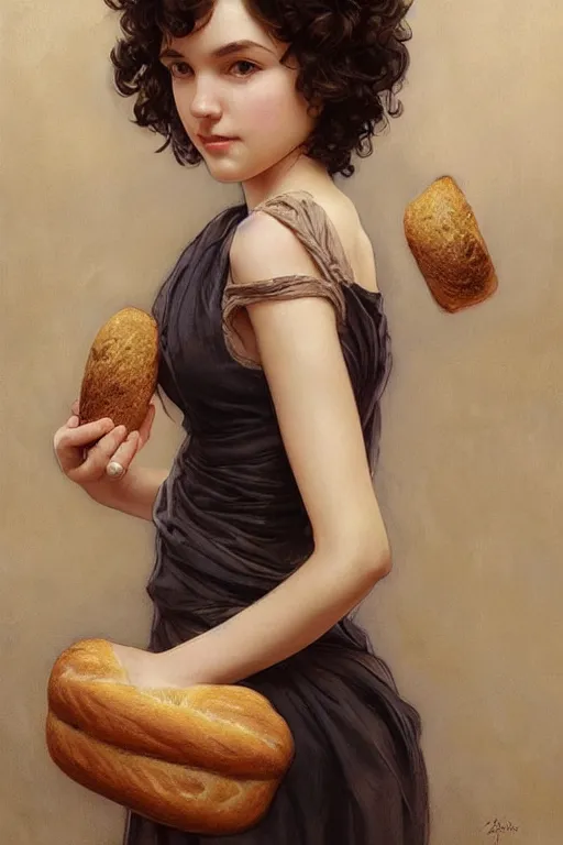 Image similar to beautiful cottagecore of a girl with short black curly hair, round face, cute face, holding a loaf of bread. intricate, elegant. highly detailed, digital painting, artstation, concept art, smooth, sharp, focus, illustration. . art by artgerm and greg rutkowski and alphonse mucha