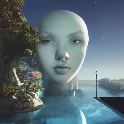 Image similar to Filip Hodas, minimalistic, hyperrealistic surrealism, award winning masterpiece with incredible details, epic stunning, infinity pool, a surreal vaporwave liminal space, highly detailed, trending on ArtStation, artgerm and greg rutkowski and alphonse mucha, daily deviation, IAMAG, broken giant marble head statue ruins, nightscape, milkyway