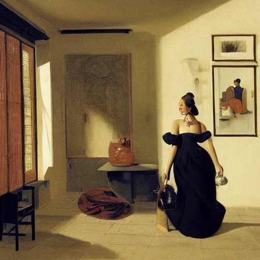 Image similar to photorealistic photoshoot puerto rican fashion designer clothe in tetradic color scheme, pieter de hooch lighting