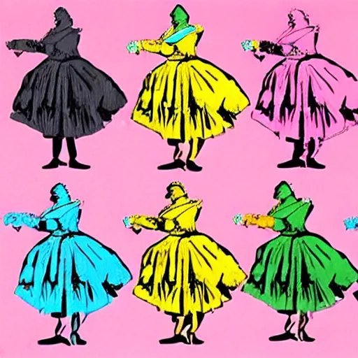 Image similar to seven hens wearing dresses, in the style of Andy Warhol