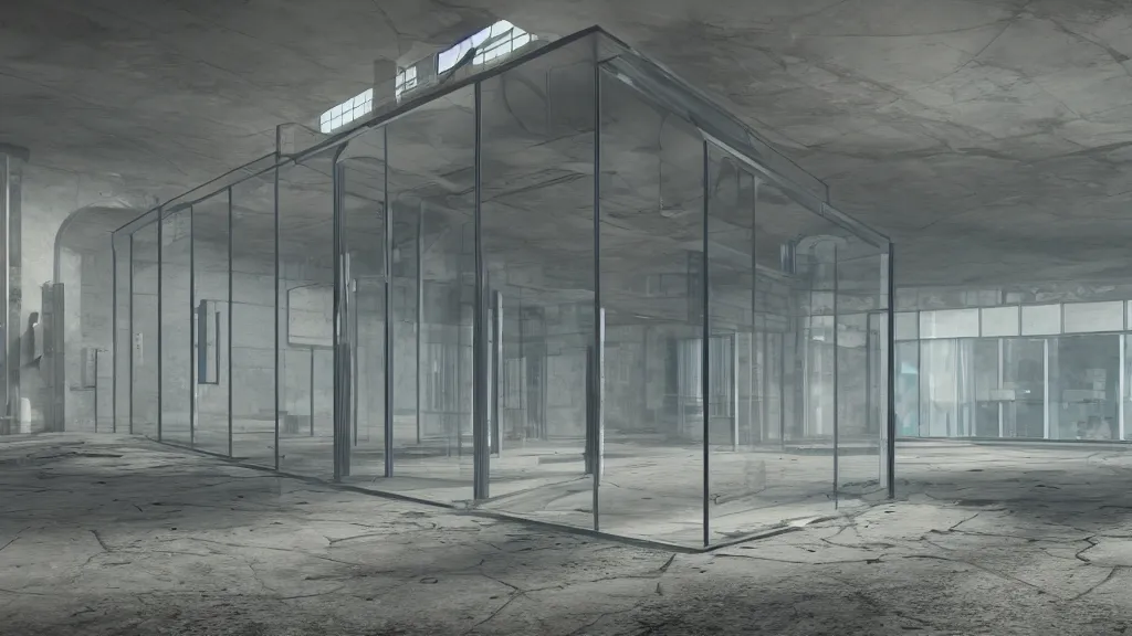 Prompt: a singular large futuristic glass vat in an abandoned laboratory, photorealistic, v - ray render 8 k uhd