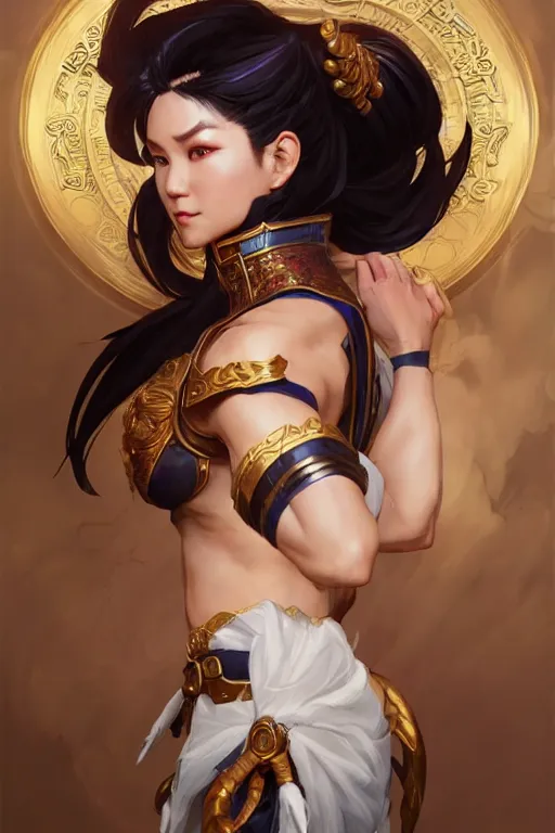 Image similar to beautiful chun li, full body shot, d & d, fantasy, intricate, elegant, highly detailed, digital painting, artstation, concept art, matte, sharp focus, illustration, hearthstone, art by artgerm and greg rutkowski and alphonse mucha