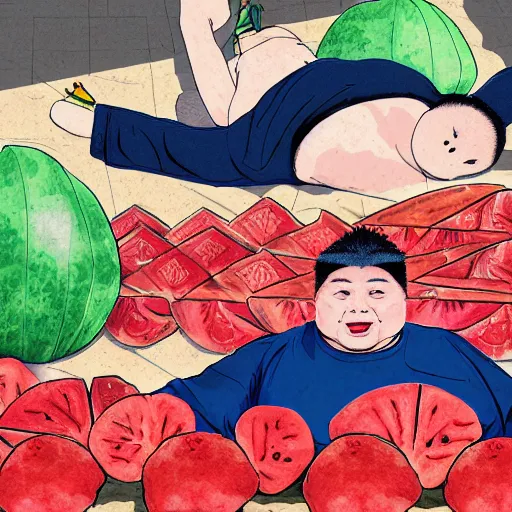 Prompt: a chinese fat guy lay on the ground with blood in a melon stall,digital art