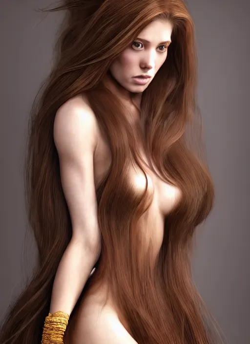 Image similar to a gorgeous female with long brown, hair photo by tim walker, realistic, full body shot, wide angle, sharp focus, 8 k high definition, insanely detailed, intricate, elegant, art by stanley lau and artgerm, floating embers
