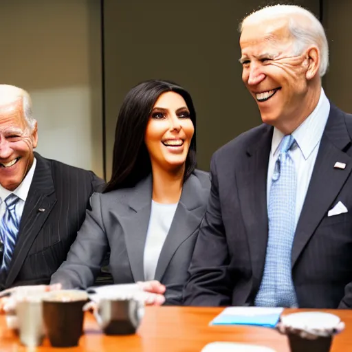 Image similar to stock photo of kim kardashian, joe biden, and bill gates wearing suits and ties laughing in an office building, 8k resolution, full HD, cinematic lighting, award winning, anatomically correct