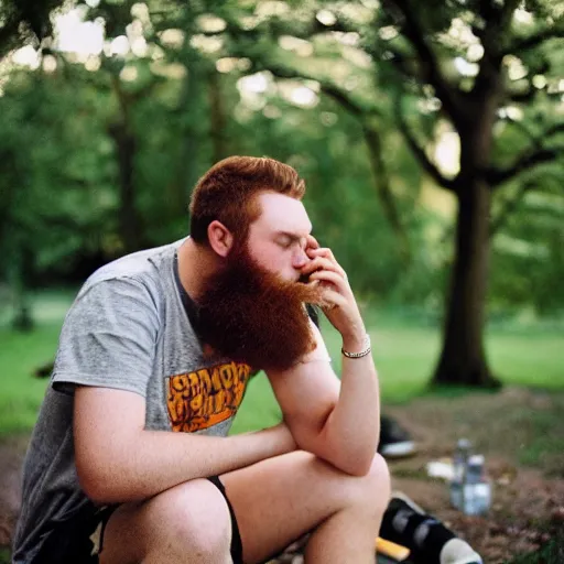 Image similar to “A 20 year old, ginger, tall, chubby, polish-American college student, with a scruffy beard, sitting in his back yard drinking beer, 8 mm lens photography,”