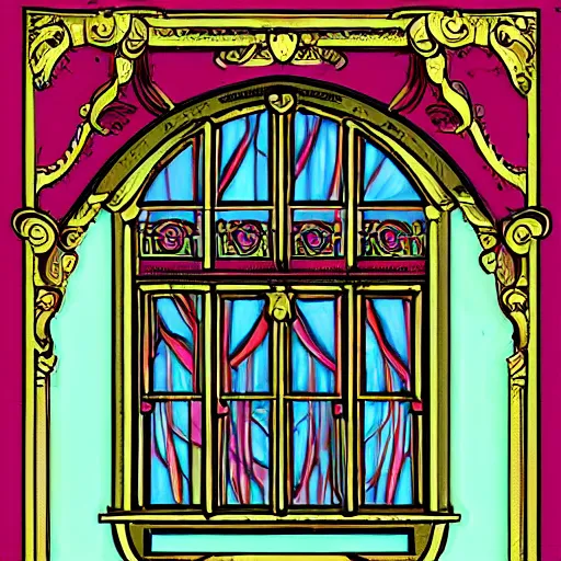 Image similar to digital illustration of a beautiful window open front view, aesthetic, ornate, russian style, colorful architectural drawing, behance contest winner, vintage frame window