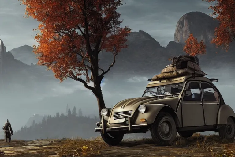 Image similar to offroad citroen 2 cv ( 1 9 6 5 ) driving across the rift, daedric longsword stored on the side of the car, leather and cloth traveller backpacks on roof, riften city in the background, epic fantasy, autumn, the elder scrolls v : skyrim, dramatic lighting, establishing shot, by simon stalenhag