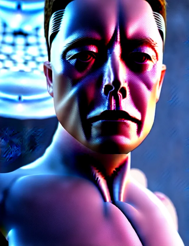 Prompt: complex elon musk very realistic portlet photo, synthwave colors eyes, synthwave, fractal skin, fractal hair, cyborg, 1 5 0 mm, beautiful natural soft light, rim light, fractal details, fine lace, mandelbot fractal, anatomical fractal, glass facial muscles, elegant, ultra detailed, metallic armor, octane render