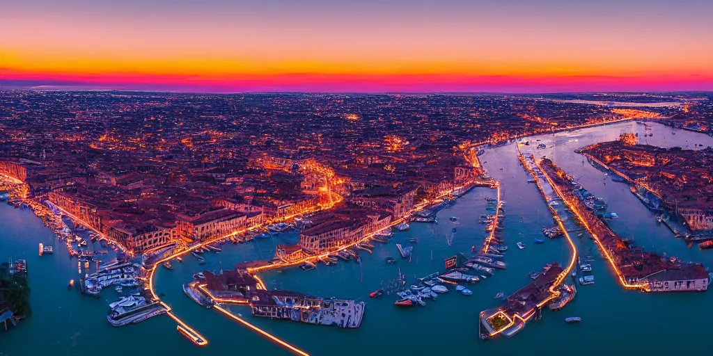 Prompt: venice canals at night, from helicopter, vaporwave style, nightglow, neon signs 8 k shot on dslr, coherent nikon 6 0 0