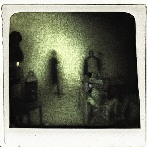 Image similar to a dark room filled with shadow people looking at the camera, horror, nightmare, terrifying, surreal, nightmare fuel, old polaroid, blurry, expired film, lost footage, found footage,