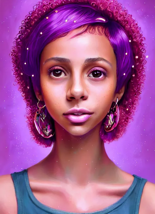 Image similar to portrait of teenage vanessa morgan with bright pink hair, vanessa morgan, curly pixie cut hair, wearing a purple breton cap, breton cap, subtle confident smile, hoop earrings, intricate, elegant, glowing lights, highly detailed, digital painting, artstation, concept art, smooth, sharp focus, illustration, art by wlop, mars ravelo and greg rutkowski