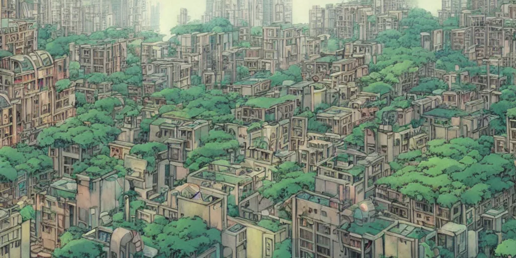 Image similar to screenshot from a studio ghibli anime movie about a forest city, kowloon walled city, ruined buildings, animals and robots