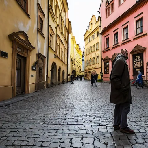 Image similar to a hungover man in Prague, 4K photograph, professional photograph, extremely detailed