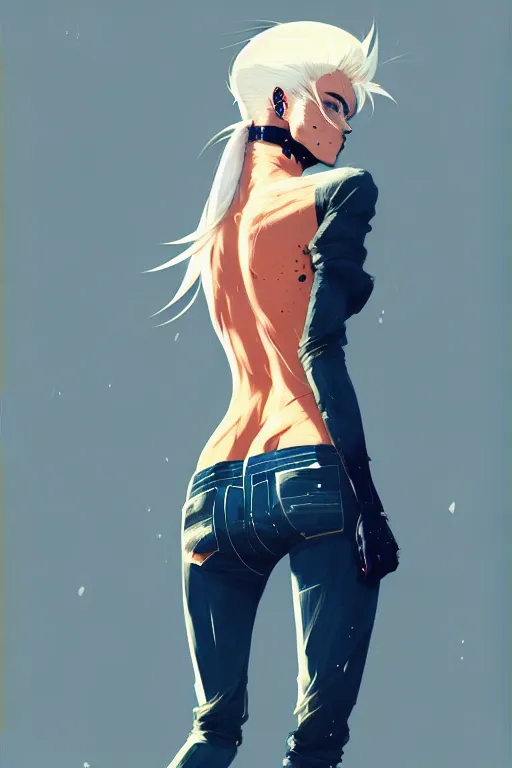 Image similar to a ultradetailed beautiful back painting of a stylish woman with white hair in a short pony tail, she is wearing jeans, by conrad roset, greg rutkowski and makoto shinkai trending on artstation