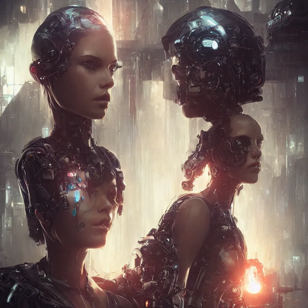 Prompt: portrait of a cyberpunk beautiful young woman by Greg Rutkowski, biomechanical, highly detailed, Blade Runner background, futuristic, digital engine, luminous, vapor