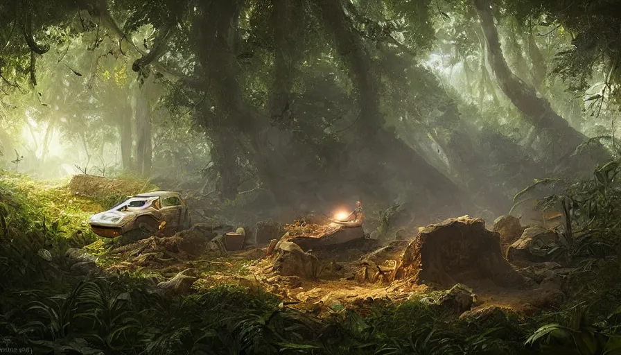 Prompt: a beautiful painting of an archaeological excavation of a smoking crashed ufo, in a lush jungle, ray traced lighting by kalin popov and greg rutkowski