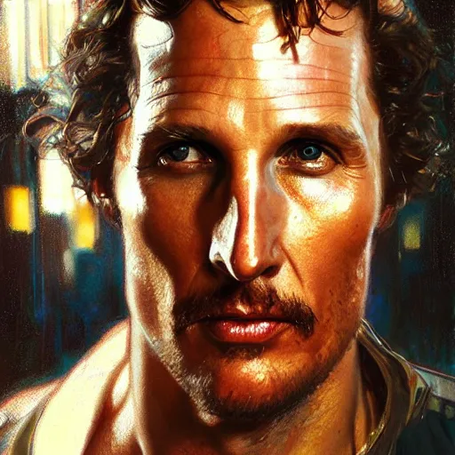 Image similar to matthey mcconaughey, hyperrealistic portrait, bladerunner street, art of elysium by jeremy mann and alphonse mucha, fantasy art, photo realistic, dynamic lighting, artstation, poster, volumetric lighting, very detailed face, 4 k, award winning