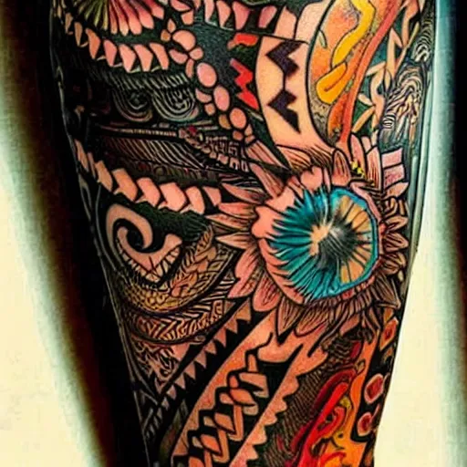 Prompt: tribal tattoo along female leg, epic, psychedelic colors, beautiful, intricate detail