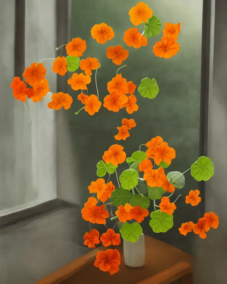 Prompt: fine artwork of a still life arrangement of flowering nasturtiums soft light coming from a window in a dark room, moody, wabisabi, hygge