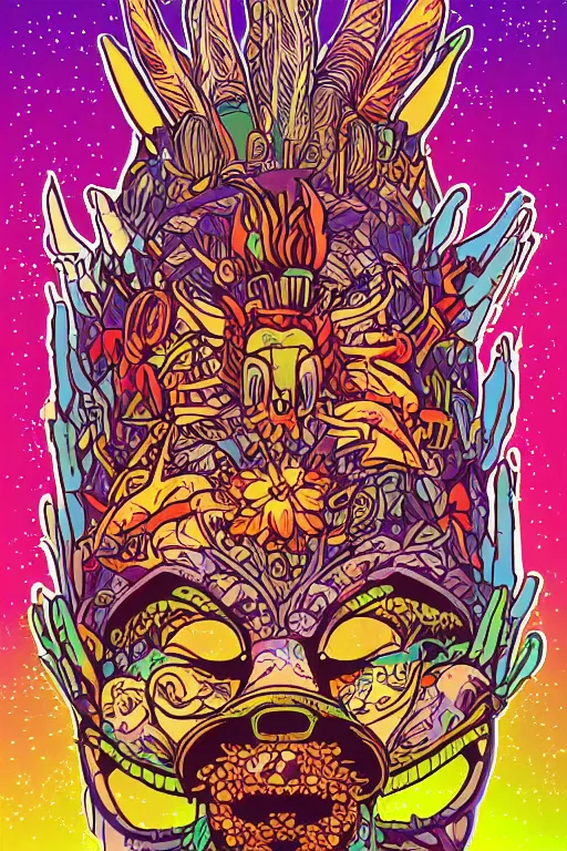 Image similar to animal mask totem roots flower tribal feather gemstone plant wood rock shaman vodoo video game vector cutout illustration vivid multicolor borderlands comics by josan gonzales and dan mumford radiating a glowing aura