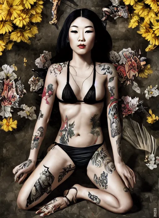 Prompt: portrait of Arden Cho as a young charlies tattoed yakuza, defiant look attitude, cinematic lighting, ultra-detailed, sharp focus, D&D style, highly detailed, sharp focus, golden background with flowers, photorealism, style of Hajime Sorayama, art by Hirothropologie , artgerm and Patrick DeMarchelier