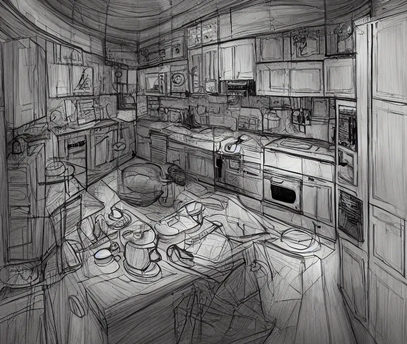 Image similar to An of interior of a kitchen at night, rotoscoped, rotoscope, photoshop, photomanipulation, realism, painting, illustration and sketch, weird scribbles, hybrid styles, hybrid art styles, mismatched, trending on artstation, trending on deviantart, weird, quirky, interesting, very detailed, highly detailed, HD Quality, 4k resolution, 8k resolution, in the style of David Firth, in the style of James Lee, in the style of Drue Langlois,