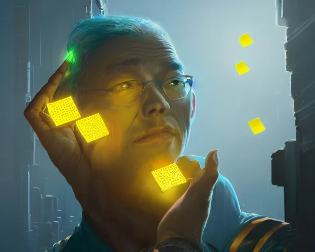 Image similar to portrait of wizard with flying neonyellow cubes, intricate abstract. intricate artwork, by tooth wu, wlop, beeple, dan mumford. concept art, octane render, trending on artstation, greg rutkowski very coherent symmetrical artwork. cinematic, key art, hyper realism, high detail, octane render, 8 k, iridescent accents