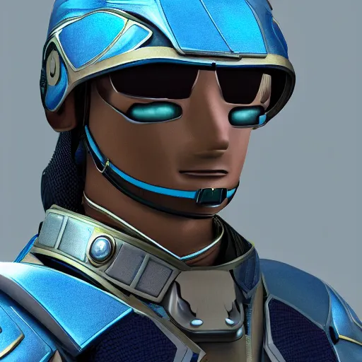 Image similar to a futuristic soldier captain with a metal visor and a blue shoulderpad in anime style