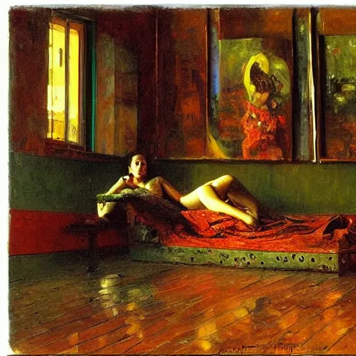 Image similar to Inside on a rainy day, warm colors, photorealistic oil painting, by Ilya Repin and Lucien Clergue