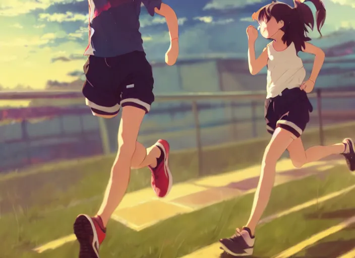 Image similar to cute runner girl, smoky sunny sky background stadium landscape illustration concept art anime key visual trending pixiv fanbox by wlop and greg rutkowski and makoto shinkai and studio ghibli and kyoto animation sports clothing marathon running shoes