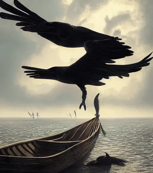 Image similar to three long beak crows in a little boat in a swamp, long legs, volumetric lighting, majestic light, octane render, ethereal glare of the sun, hyperrealistic, epic, masterpiece, by greg rutkowski