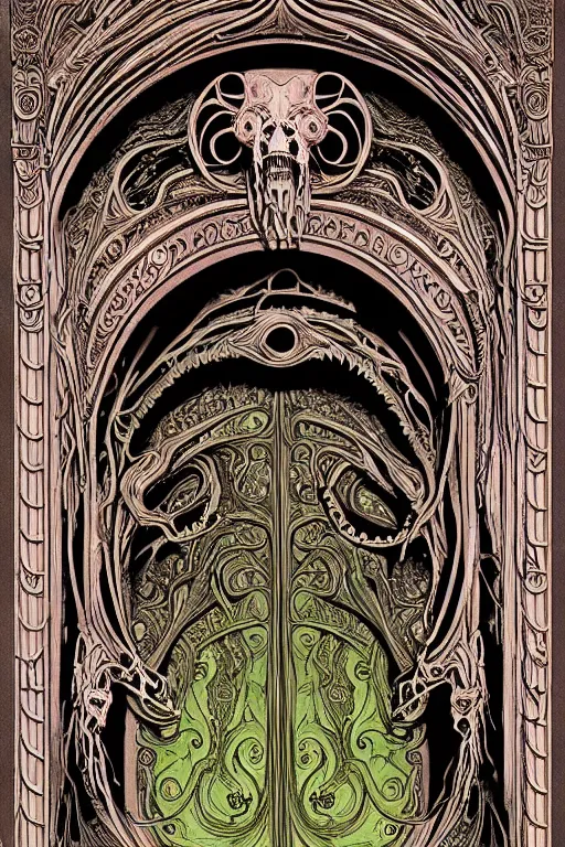 Image similar to art nouveau baroque architecture, demonic lovecraftian mouth gateway doorway portal to infernal hell, ornate stonework, made of bone and teeth, hyperdetailed cosmic gems, volumetric lighting, sigils, magenta and green color palette, wayne barlowe , moebius, yoshitako amano