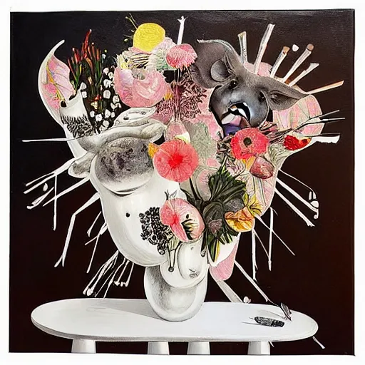 Image similar to “a portrait in an art student’s apartment, feminine pigs as flowers in an elaborate dramatic flower arrangement, pork, ikebana white flowers, white wax, squashed berries, acrylic and spray paint and oilstick on canvas, by munch and Dali”