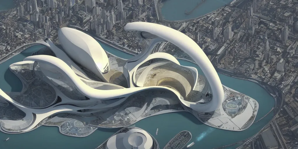 Image similar to mosque floating spaceship by zaha hadid, golds fantasy world