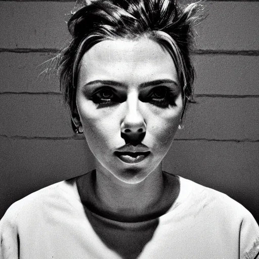 Image similar to scarlett johansson mugshot in jail, canon 3 5 mm photography