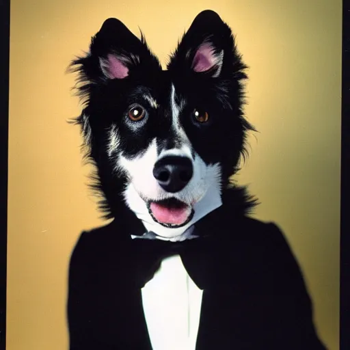 Prompt: 1 9 8 0 s yearbook photography of a dog dressed in a tuxedo