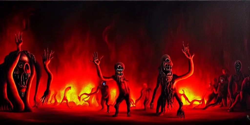 Image similar to repressed emotion creatures and monsters at the mouth of hell, dramatic lighting glow from giant fire, attempting to escape and start a revolution, in a dark surreal painting by ronny khalil