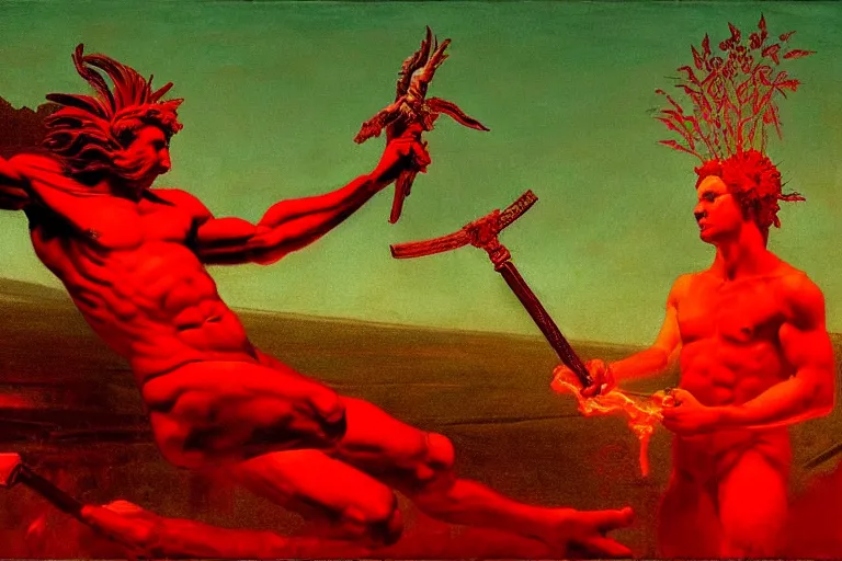 Image similar to only with red, a red melted apollo with a laurel wreath and a flaming sword announce the win, atene in the background, in the style of beksinski, part by hopper, part by rodcenko, part by hofbauer, intricate composition, red by caravaggio, insanely quality, highly detailed, masterpiece, red light, artstation