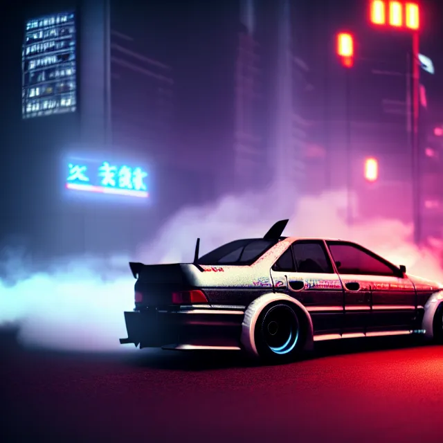 Prompt: toyota jzx 1 0 0 illegal drift car with cyberpunk robot geisha girl standing, detailed wheels, shibuya prefecture, cinematic lighting, fog mist smoke, photorealistic, night photography, octane render by tomino - sama