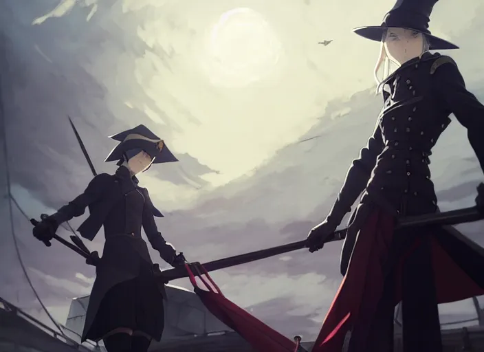 Image similar to lady maria, helm of second world war warship in background, illustration concept art anime key visual trending pixiv fanbox by wlop and greg rutkowski and makoto shinkai and studio ghibli and kyoto animation, astral witch clothes, steampunk, grimdark, volumetric lighting