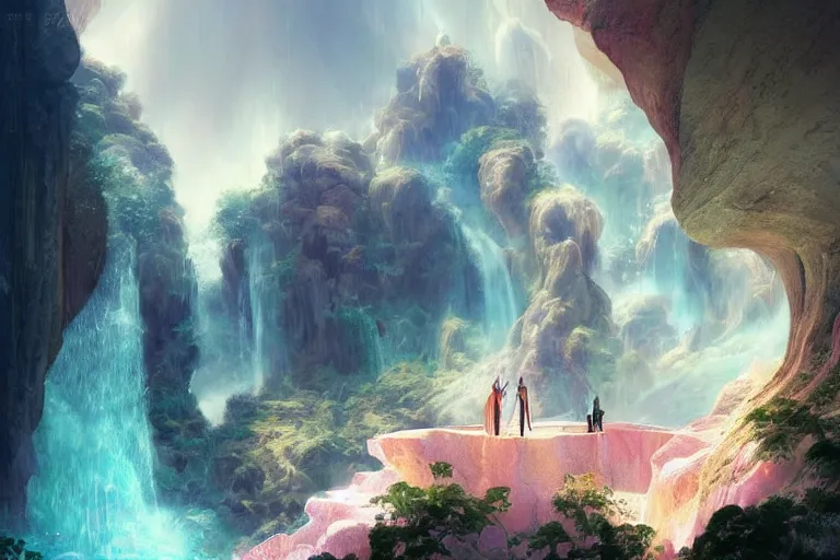 Image similar to Celestial majestic luxurios futuristic other worldly realm with Singaporean royal gold lush volcano, set on Antelope Canyon with white thermal waters flowing down pink travertine terraces, relaxing, ethereal and dreamy, during the thunderstorms and multiversal tornado with chaotic disaster, visually stunning, from Star Trek 2021, illustration, by WLOP and Ruan Jia and Mandy Jurgens and William-Adolphe Bouguereau, Artgerm