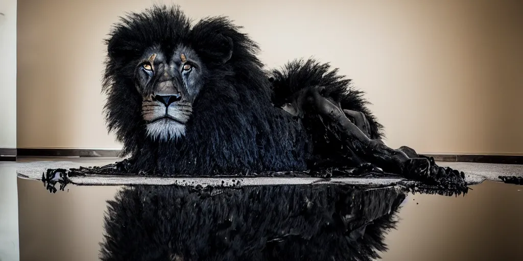 Image similar to the smooth black lion, made of smooth black goo, laying on the couch in the living room after bathing in the ferrofluid, viscous, sticky, full of tar, covered with black goo. photography, dslr, reflections, black goo