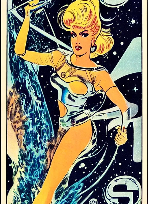 Prompt: Beautiful female powerful epic space sorceress with long hair in 'Barbarella', retro science fiction cover by Jon Steranko and Kelly Freas (1965), vintage 1960 print, tarot card, vivid, highly detailed